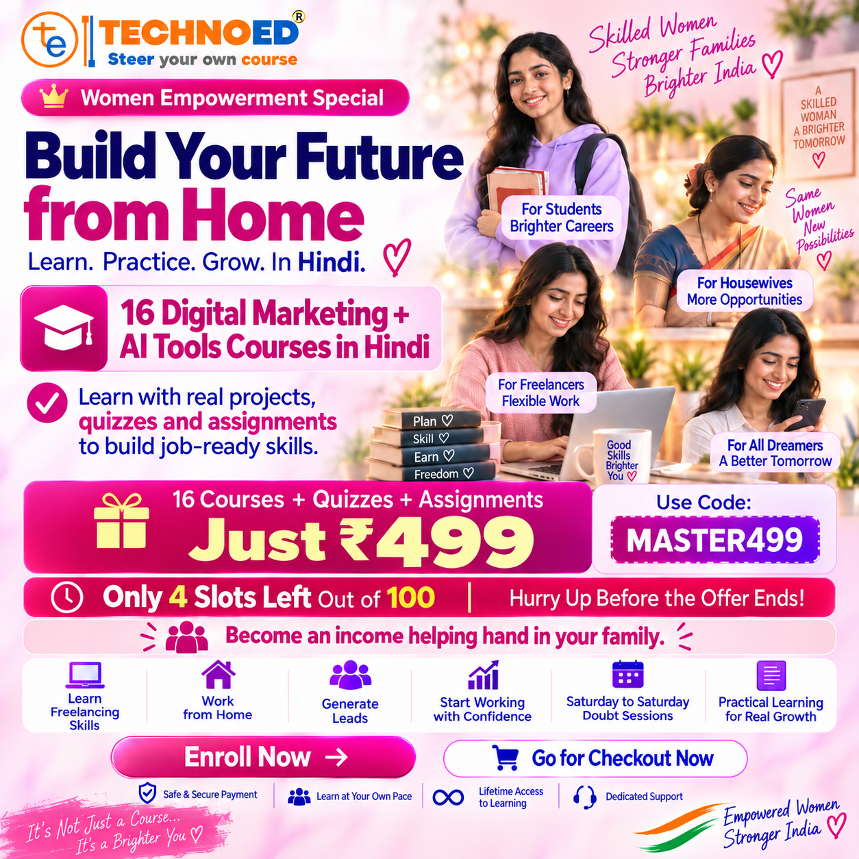 TechnoEd Women Empowerment Special: build your future from home with 16 Digital Marketing and AI Tools courses for ₹499